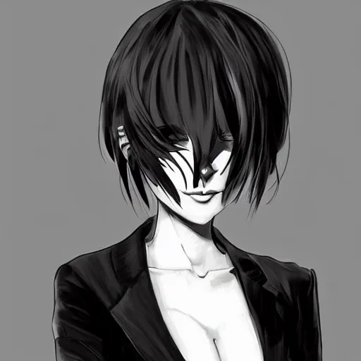 Image similar to slim beautiful killer girl in tuxedo with short black hair, elegant, 2d, ultra highly detailed, digital painting, smooth, sharp focus, artstation, black and white art by Tsutomu Nihei