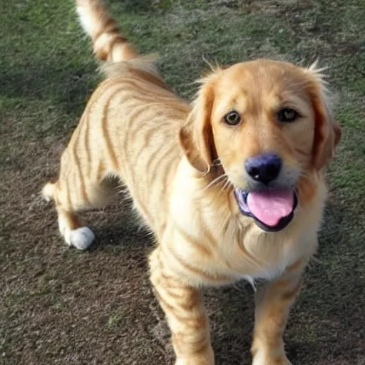 Prompt: a tabby cat mixed with a golden retriever