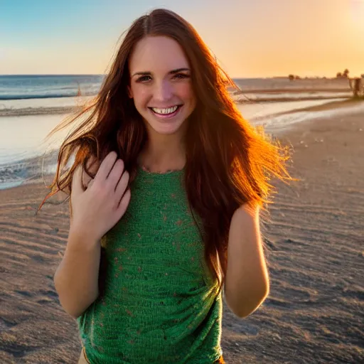 Image similar to A cute young woman, long shiny bronze brown hair, green eyes, cute freckles, smug smile, golden hour, beach setting medium shot, mid-shot,