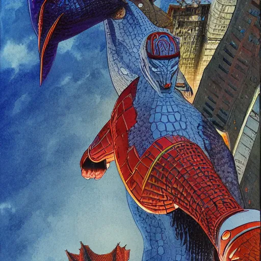 Image similar to jean giraud and moebius and don lawrence and alex ross and john romita jr, gouache and wash paints, smooth focus, sharp details, detailed details, bokeh, 4 k, fine 5 k details, fine details, fine intricate, fine facial proportionate, fine body proportionate / ultraman versus godzilla in city of new york