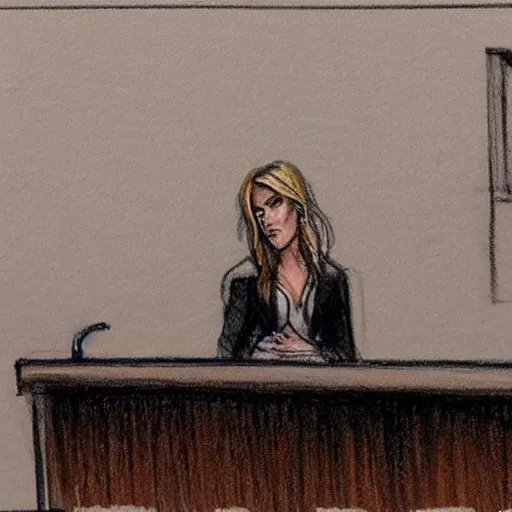 Image similar to courtroom sketch of amber heard standing on top of a bed, knees slightly bent, a brown object is underneath her