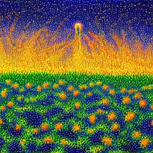 Image similar to three starship rockets landing in a field of flowers at sunset, pointillism and impressionist painting