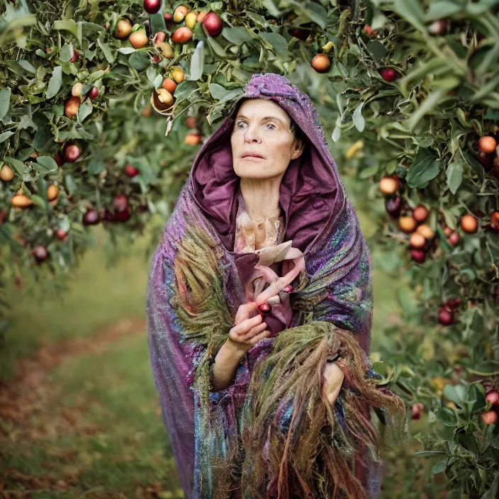 Prompt: a closeup portrait of a woman wearing a cloak made of iridescent twine and ribbon, picking pomegranates from a tree in an orchard, foggy, moody, photograph, by vincent desiderio, canon eos c 3 0 0, ƒ 1. 8, 3 5 mm, 8 k, medium - format print