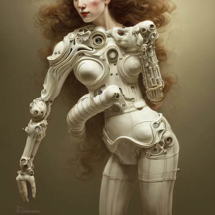 Prompt: porcelain cyborg, french empire style porcelain exoskeleton, diffuse lighting, fantasy, intricate, elegant, highly detailed, lifelike, photorealistic, digital painting, artstation, illustration, concept art, smooth, sharp focus, art by John Collier and Albert Aublet and Krenz Cushart and Artem Demura and Alphonse Mucha