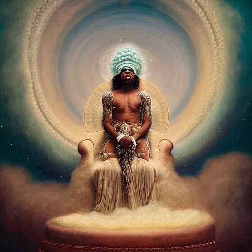 Prompt: obatala the cosmic god sitting on a throne of nebula clouds, by Agostino Arrivabene and amanda sage, matte painting, orisha, surreal portrait, 8k, hd