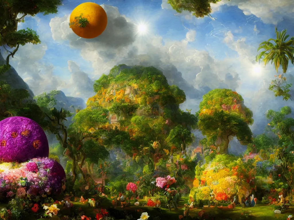 Prompt: the universe is a spheroid region 7 0 5 meters in diameter, sunlight study, art nouveau, 3 d render, by jan davidsz de heem and thomas cole and ( ( ( ( ( lisa frank ) ) ) ) ), kauai springtime, 8 k, extreme detail, sharp focus, octane render