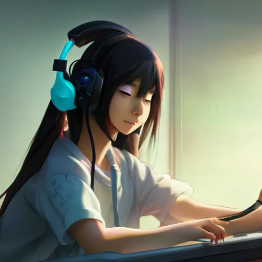 Image similar to beautiful young asian woman with long hair, with gaming headset, cute, playing on a comuter, realistic, detailed, cel shaded, in the style of makoto shinkai and greg rutkowski and james gurney