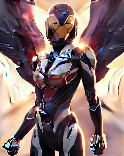 Prompt: Beautiful female, marvel's falcon mecha suit, portrait, with wings, rays of light, fantasy, intricate triangular designs, elegant, highly detailed, sharp focus, art by Artgerm and Greg Rutkowski and WLOP