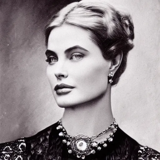 Image similar to victorian photograph of grace kelly, angelina jolie, 1 8 9 0 s photography, 1 9 0 0, realistic face, symmetrical face, detailed, grainy, edwardian, old photo