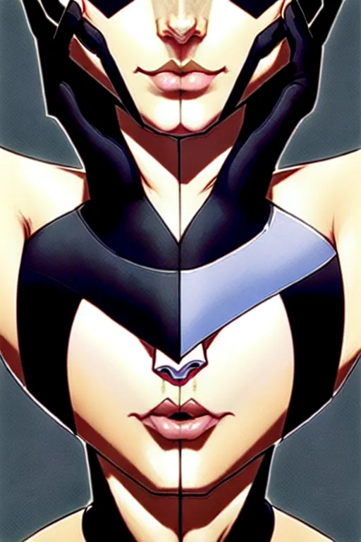 Image similar to artgerm, joshua middleton comic cover art, pretty domino marvel comics sarah michelle gellar entire full body, white skin, asymmetrical black spot covering left eye, no spot right eye, symmetrical eyes, symmetrical face