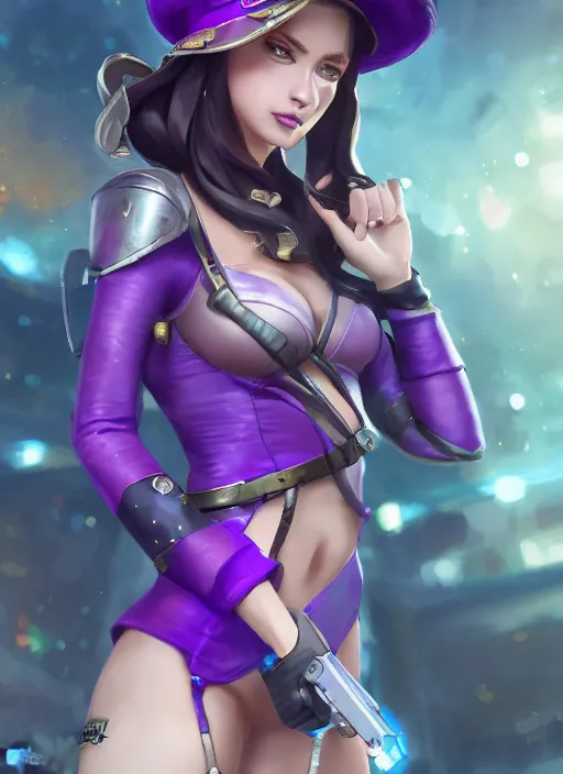 Image similar to caitlyn from league of legends, pointing gun towards the camera, wearing purple dress police hat, pearl skirt, hyper detailed, digital art, trending in artstation, cinematic lighting, studio quality, smooth render, unreal engine 5 rendered, octane rendered, art style by klimt and nixeu and ian sprigger and wlop and krenz cushart