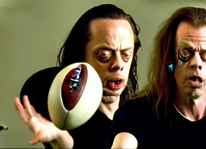 Prompt: steve buscemi passing an American football to mark in a still from the movie The Room (2003)