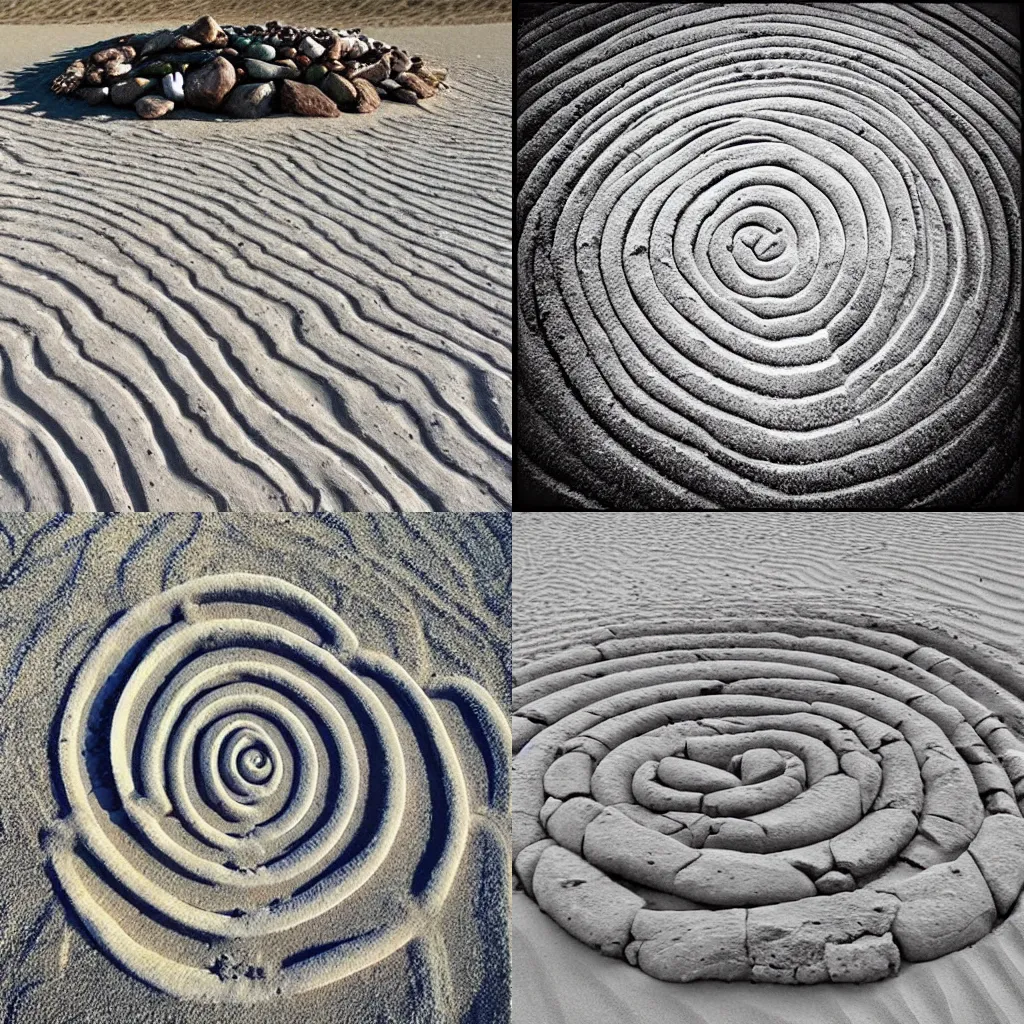 Prompt: “Spiral designs in the sand and a rock cairn, abstract art in the style of andy goldsworthy”