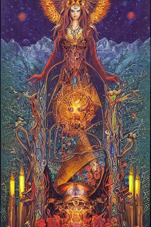 Image similar to beautiful tarot card of the queen of dreams by carol bak and jacek yerka and dan mumford, oil on canvas, intricate border, symmetrical, 8k highly professionally detailed, HDR, CGsociety