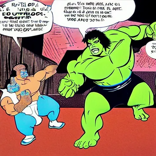 Image similar to fat chuck and the incredible hulk eating lunch. by frank miller