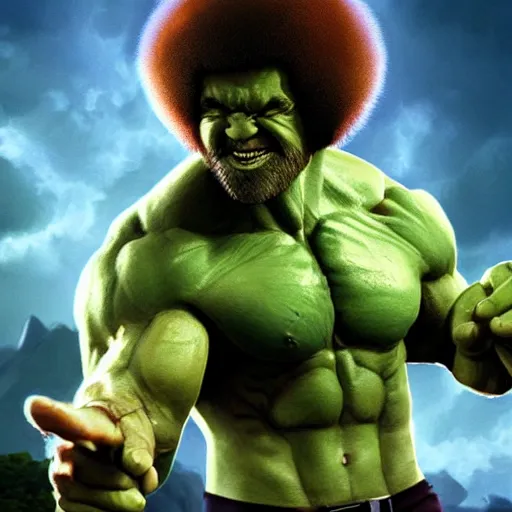 Image similar to photomanipulation of BOB ROSS as hulk with human flesh, marvel, fully detailed, volumetric lightening, octane render, 8k, masterpiece, epic composition