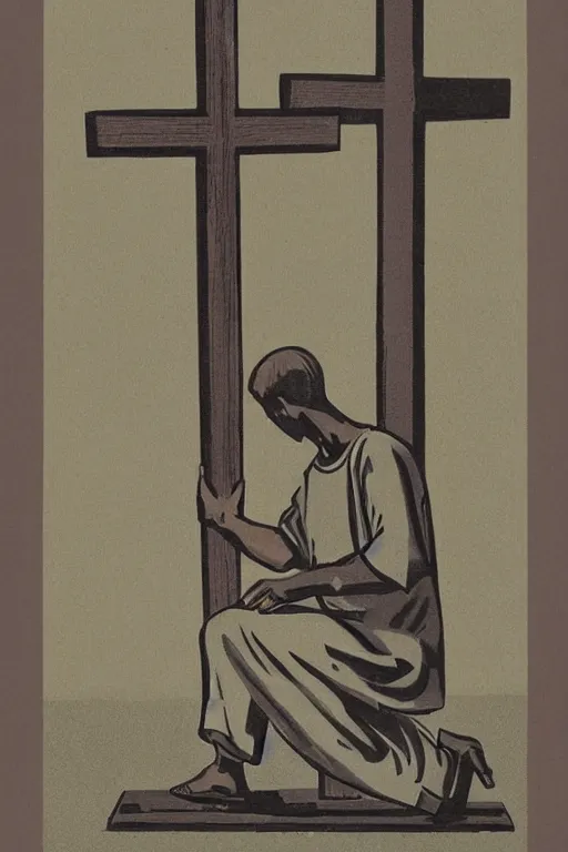 Image similar to man kneeling at the base of a wooden cross, 1960’s advertising art illustration