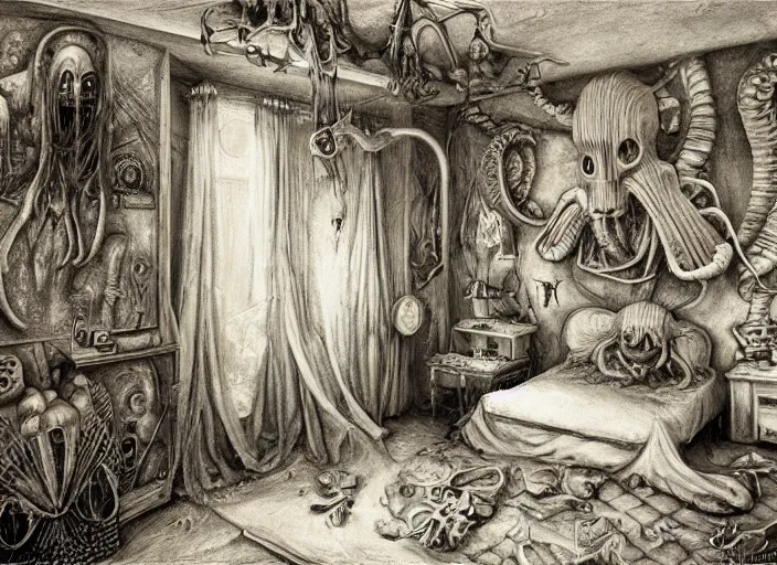 Image similar to a childhood bedroom by adonna khare, and h. r. giger, liminal aesthetic, dreamcore, weirdcore, clean lines, wide angle