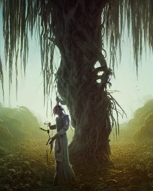 Image similar to highly detailed surreal vfx portrait of a cursed dagger in a shadowy swamp by a willow tree, stephen bliss, unreal engine, greg rutkowski, loish, rhads, beeple, makoto shinkai and lois van baarle, ilya kuvshinov, rossdraws, tom bagshaw, alphonse mucha, global illumination, detailed and intricate environment