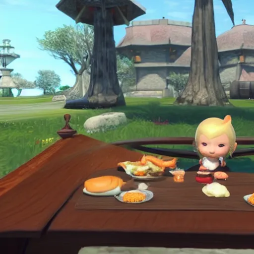 Prompt: a Lalafell eating a burger, FFXIV in-game