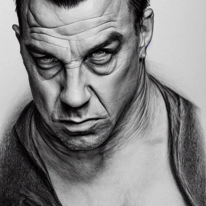 Image similar to portrait of till Lindemann. Detailed pencil drawing. trending on artstation, very coherent symmetrical artwork. He cosplays thanos. cinematic, hyper realism, high detail, iridescent accents