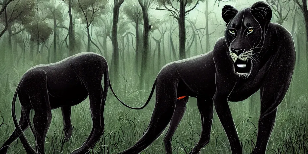 Image similar to a black lioness, made of smooth black goo, prowling through the forest, viscous, sticky, full of tar, covered with black goo. concept art, realism, animal drawing, color, savanna, wildlife photography, black goo, cinematic, in the style of cory loftis