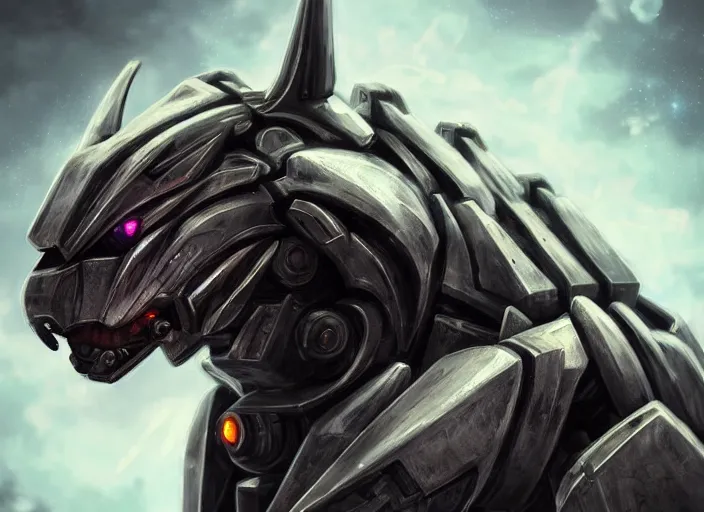 Image similar to hyper realistic, epic, highly detailed cinematic fukll, shot of a gigantic feral robot mecha canine, sharp dragon claws, detailed glowing head, metal ears, cannon mounted on back, sleek armor, glowing visor, detailed sharp claws, digital art, furry art, macro art, dragon art, furaffinity, deviantart, sofurry