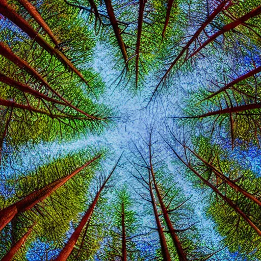 Prompt: looking up at the tops of trees in a forest, an ultrafine detailed painting by jon coffelt, shutterstock contest winner, generative art, multiple exposure, fisheye lens, high dynamic range