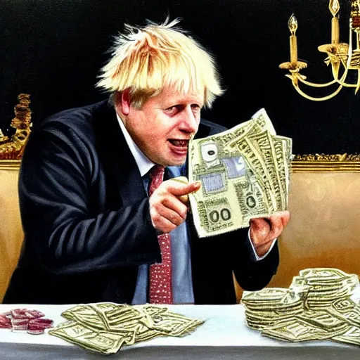 Image similar to painting of boris johnson eating a plate of money pound notes with a knife and fork, ornate feeling, chandelier, royal palace interior