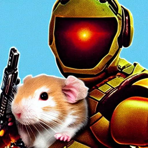 Prompt: doom guy holding a hamster