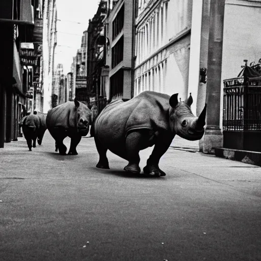 Image similar to photograph of a rhinoceros running down a crowded street