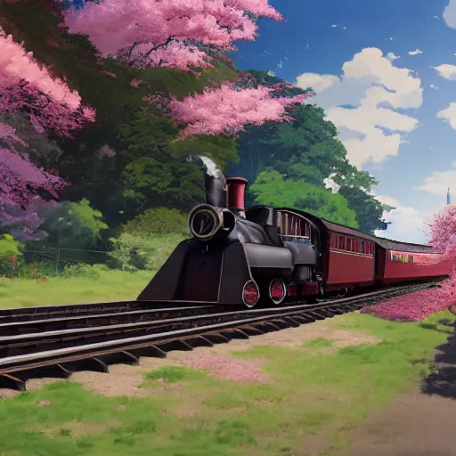 Image similar to concept art painting of a historic transverse view of a steam train, the train carries a cherry tree in flower, realistic, detailed, cel shaded, in the style of makoto shinkai and greg rutkowski and james gurney