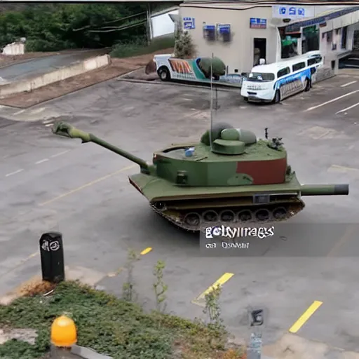 Image similar to Military tank refueling at public gas station, CCTV footage photograph