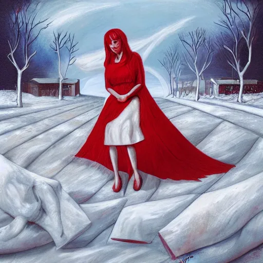 Prompt: a surrealist painting of a lonely woman with white skin and red hair standing over pile of bodies in post apocalyptic snowy landscape painted by beksinsk