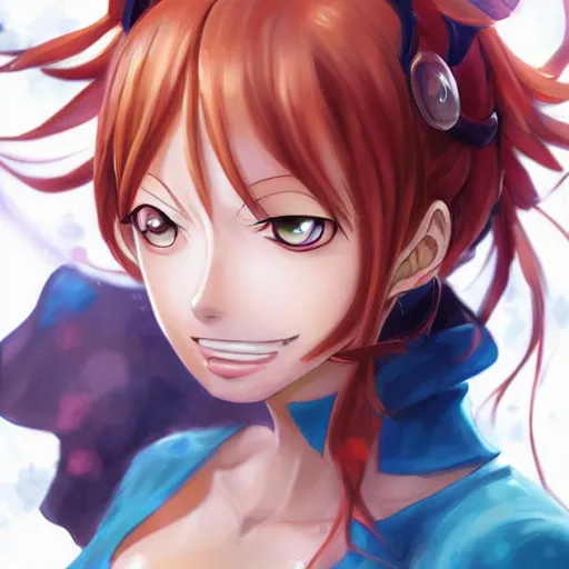 Image similar to anime portrait of Nami from One Piece as an anime girl by Stanley Artgerm Lau, WLOP, Rossdraws, James Jean, Andrei Riabovitchev, Marc Simonetti, and Sakimichan, trending on artstation