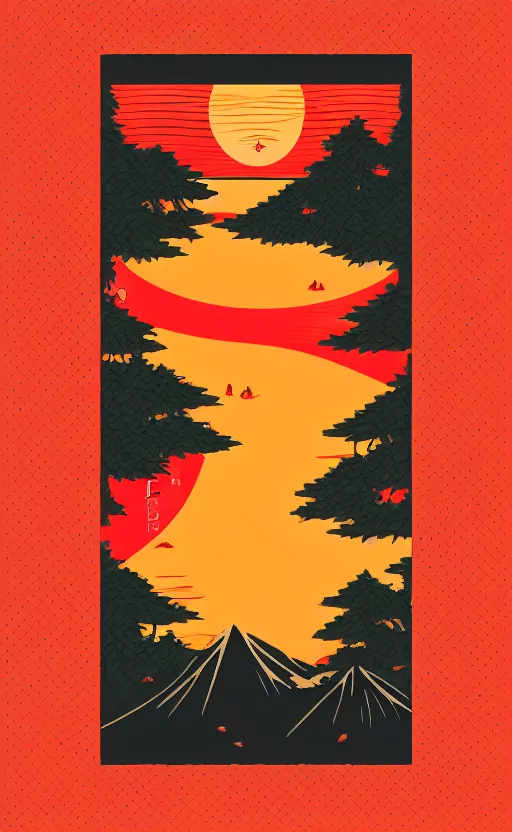 Prompt: hanafuda, an aperture to a lake in a forest of japanese pines, a big red sun in the background, front game card, vector line art, trending on behance, concept art, stunning, matte