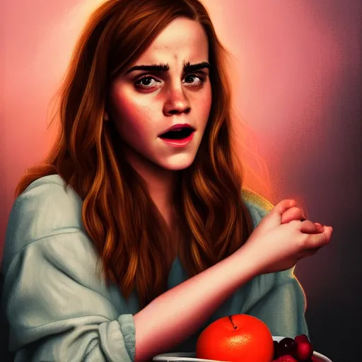 Prompt: a portrait of Emma Watson roaring loudly, with tears in her eyes, at a bowl of innocent fruit, emotional, backlit, strong rim light, highly detailed, digital painting, HDRI, by Casey Weldon, vivid colors, high contrast, intricate