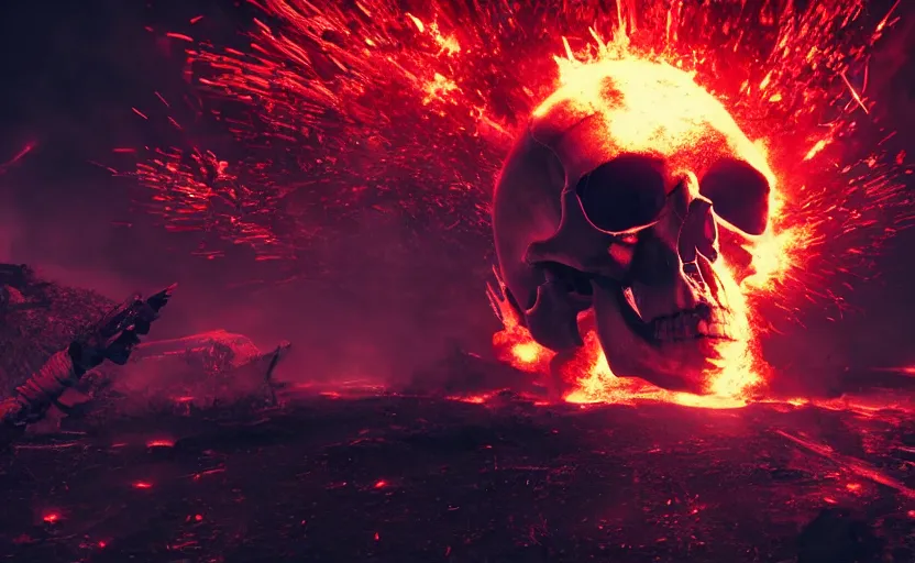 Prompt: skull shaped thermonuclear explosion of blood, cinematic shot, dramatic volumetric lighting, epic composition, 4K Ultra HD