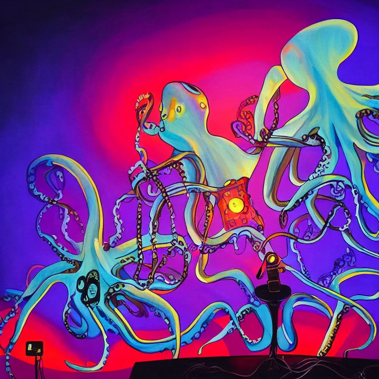 Image similar to a beautiful painting by robbie trevino of a couple of octopus playing drums and telecaster guitar in an electronic concert, touch designer projection background, concert light, dark mood, warm lights