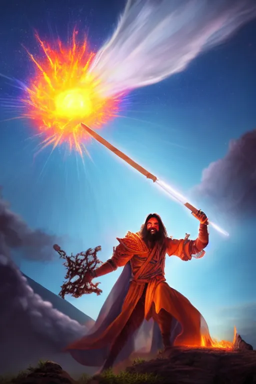 Image similar to levitating wizard wielding a spear opening a shining portal pulsating in the night sky, horizon of an erupting volcano, photorealistic, artstation, highly detailed