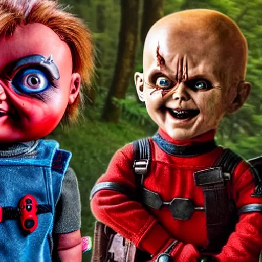 Prompt: chucky the doll and deadpool in the woods together 4 k detailed super realistic