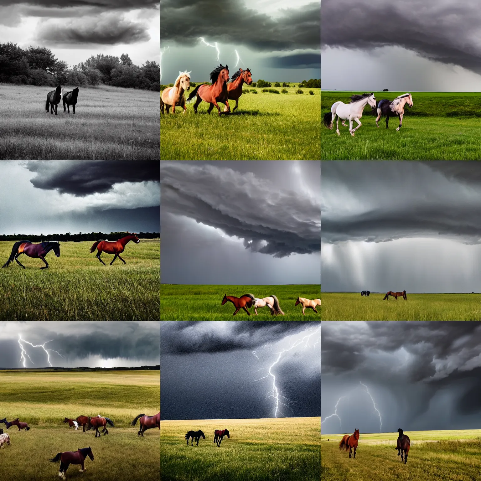 Prompt: horses running, storm coming, dark sky, very tall grass, wind blowing