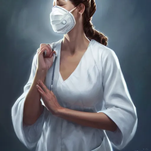 Image similar to epic portrait an female nurse in a white dress and short sleeves wearing a mask and closing her eyes, detailed, centered, digital painting, artstation, concept art, donato giancola, Joseph Christian Leyendecker, WLOP, Boris Vallejo, Breathtaking, 8k resolution, extremely detailed, beautiful, establishing shot, artistic, hyperrealistic, beautiful face, octane render