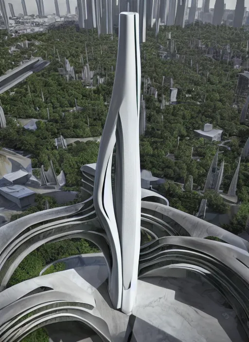 Image similar to highly detailed realistic architecture 3 d render of a huge high futuristic stele in zaha hadid style standing in city park, archdaily, made in unreal engine 4 octane render