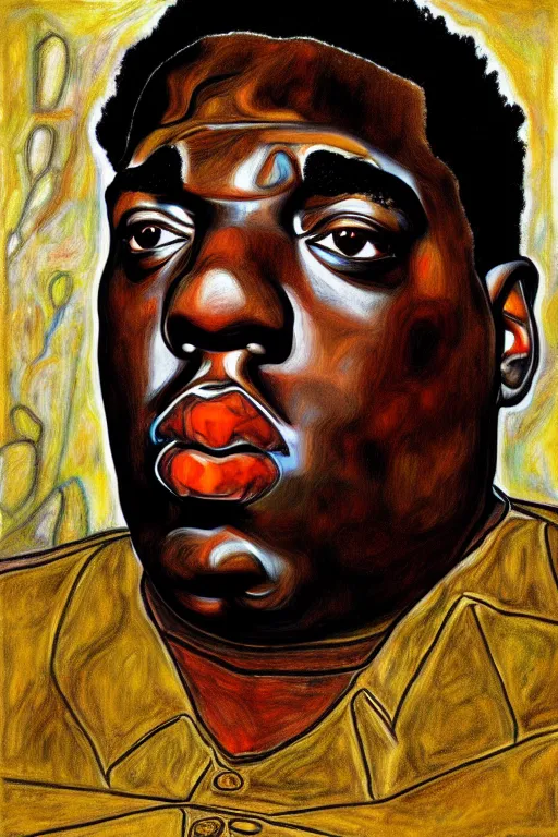 Image similar to a portrait of biggie small in style of egon schiele, masterpiece, hyperdetailed, complex, intricate, 4 k, trending on artstation