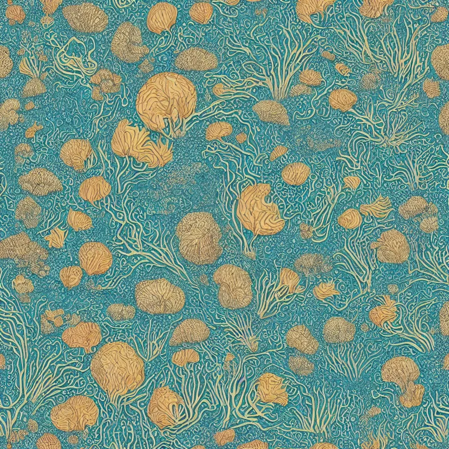 Image similar to beautiful and artistic mycelium on a fantastic planet and unusual critters of the ocean, highly detailed, seamless tiling pattern with optical illusion