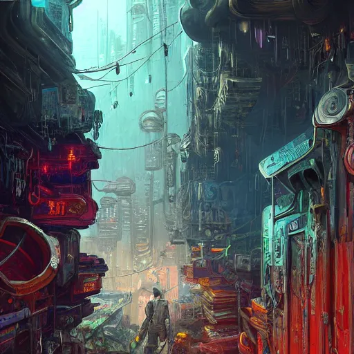 Image similar to A beautiful ultra detailed concept art landscape of the underbelly of a cyberpunk city black market alley way on an alien planet, dirty and robust, cool color scheme by Pixar, dan mumford, beeple, sparth, andreas rocha john howe, and Martin Johnson Heade, concept art wallpaper, featured on conceptartworld, cinematic lighting, landscape photography composition, f16, night time, unreal engine, trending on behance, featured on artstation