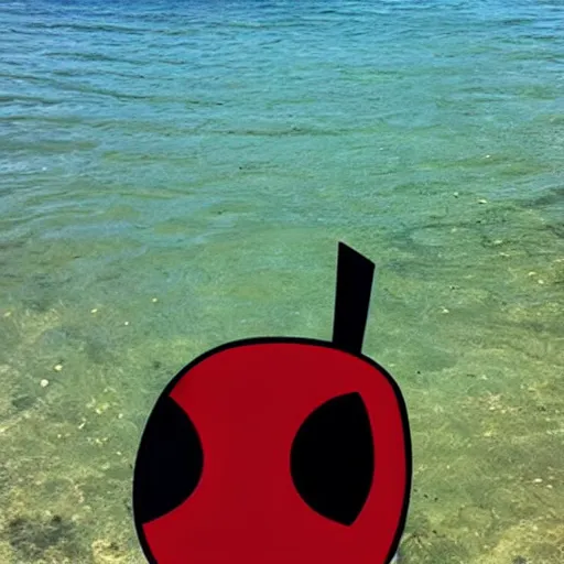 Prompt: deadpool sticking his head out of lake meed