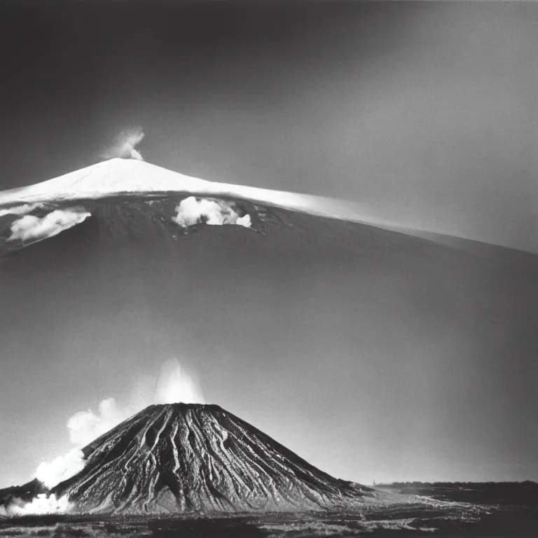 Prompt: A William Eggleston photograph of a Volcano made of glass, dark background,