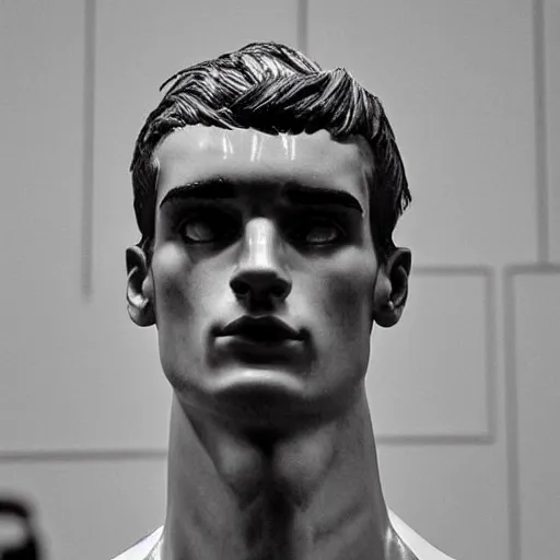 Image similar to “ a realistic detailed photo of a guy who is an attractive humanoid who is half robot and half humanoid, who is a male android, soccer player antoine griezmann, shiny skin, posing like a statue, blank stare, at the museum, on display ”